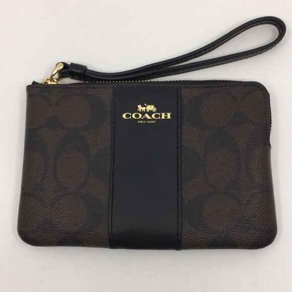 Coach F58035 Brown & Black Signature Coated Canvas Jacquard & Leather Wristlet - Picture 1 of 16